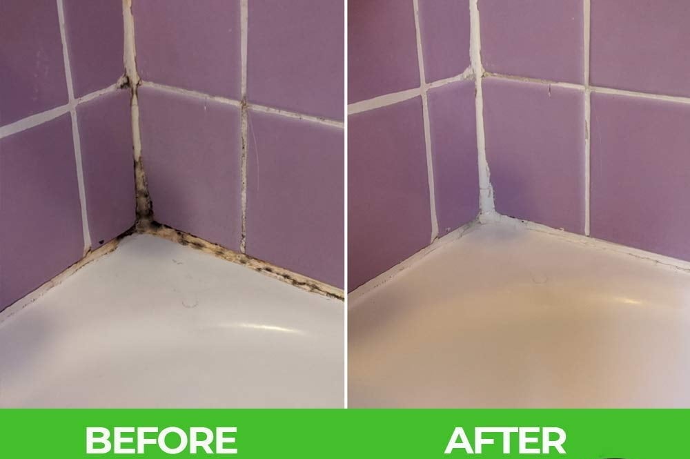 Comparison of a shower corner with mold before and after using RMR-86 stain remover