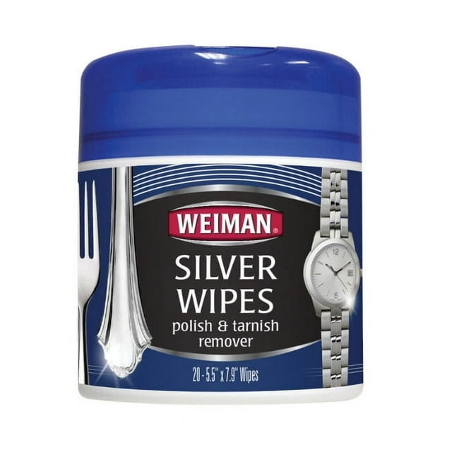 Container of Weiman Silver Wipes for polishing and tarnish removal with an image of a spoon and watch