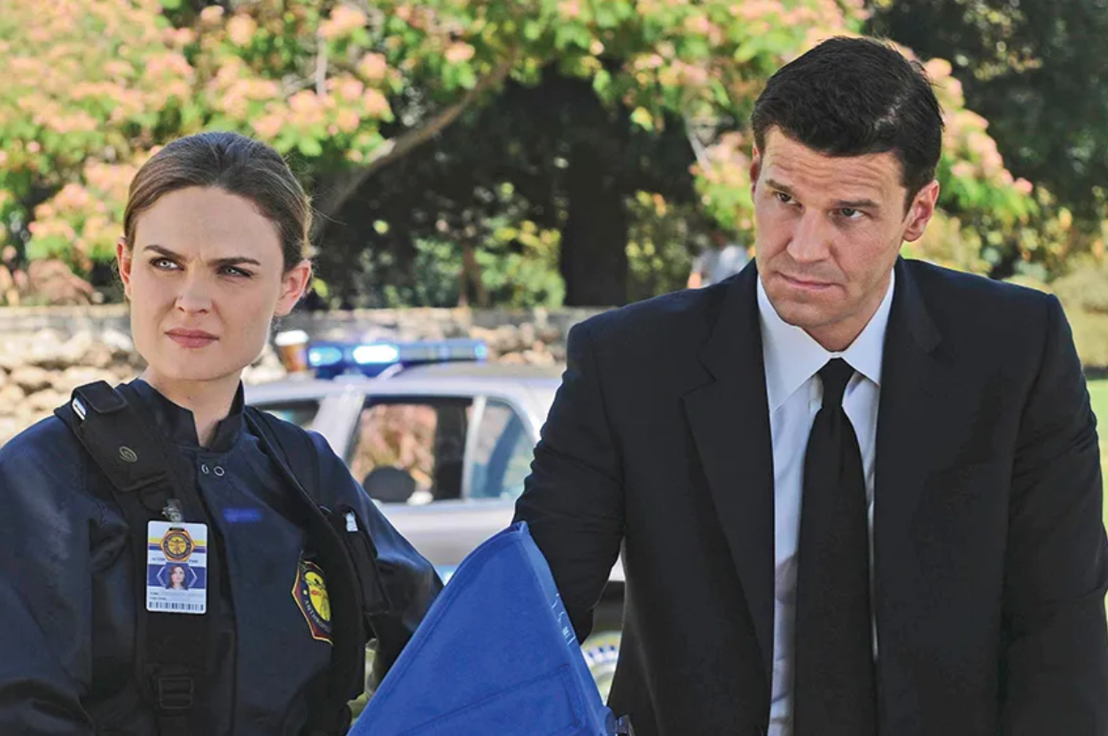 Two characters from a TV show, a female police officer and a male in a suit, look serious with a police car in the background