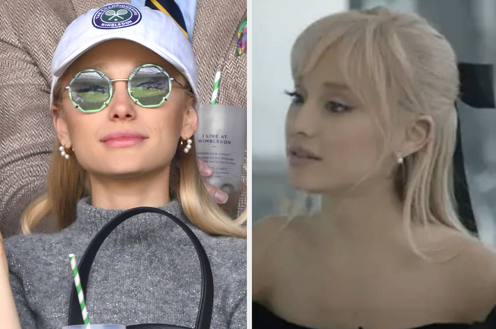 Two separate photos of a woman in sunglasses, first casual with cap, second in an elegant off-shoulder top