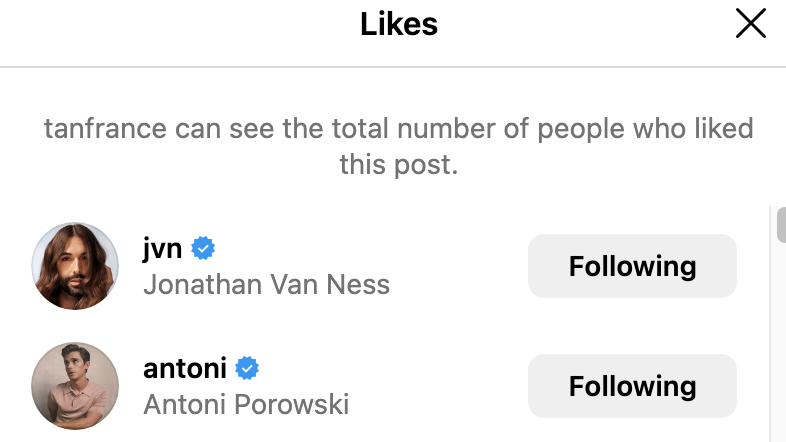 Instagram screenshot showing likes by Jonathan Van Ness and Antoni Porowski on a user&#x27;s post