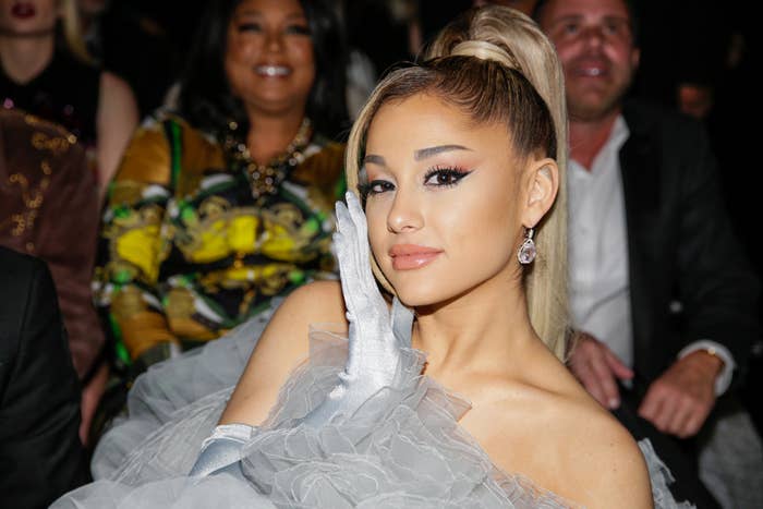 Ariana Grande in a ruffled outfit at an event