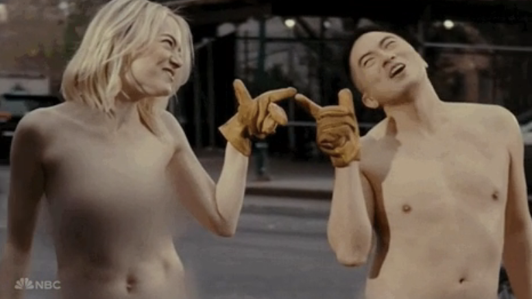 Emma Stone and Bowen Yang on &quot;SNL&quot; made to look naked wearing only gloves