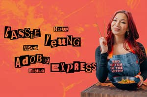 Woman holding chopsticks, text about Cassie using Adobe Express Mobile