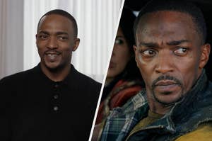 Two side-by-side photos of Anthony Mackie, left in a casual shirt smiling, right in a jacket looking serious