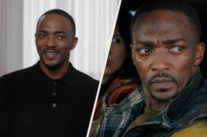 Two side-by-side photos of Anthony Mackie, left in a casual shirt smiling, right in a jacket looking serious