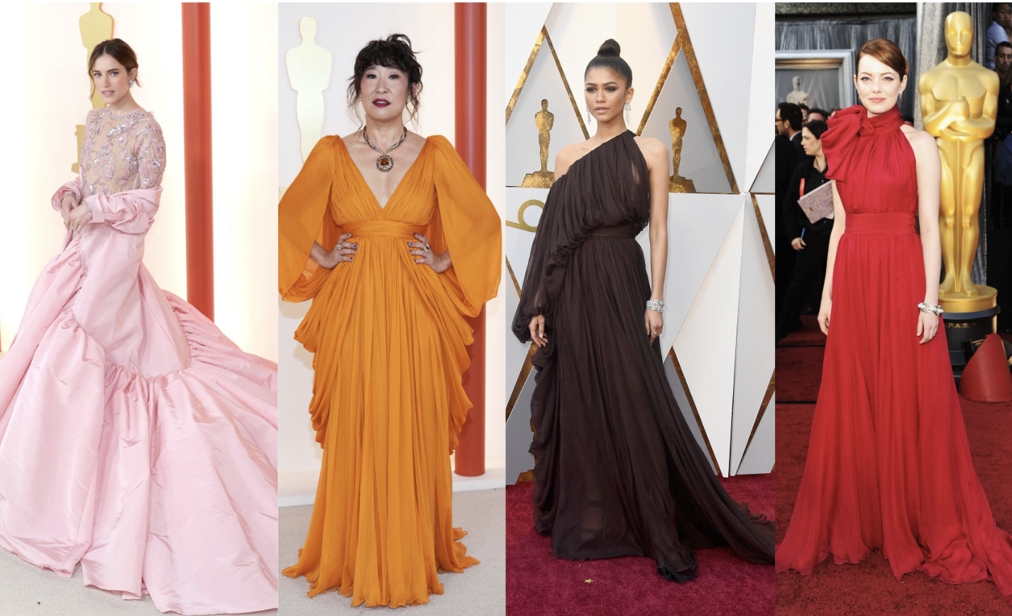 Four women in elegant gowns at a red carpet event, each with unique dress styles