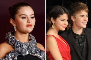 Selena Gomez in a sequined outfit and a photo of Selena Gomez and Justin Bieber in formal attire
