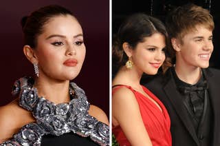 Selena Gomez in a sequined outfit and a photo of Selena Gomez and Justin Bieber in formal attire