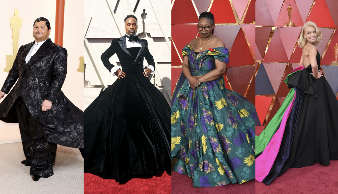 Four celebs in formal attire pose separately at an event, each displaying unique fashion styles by Christian Siriano