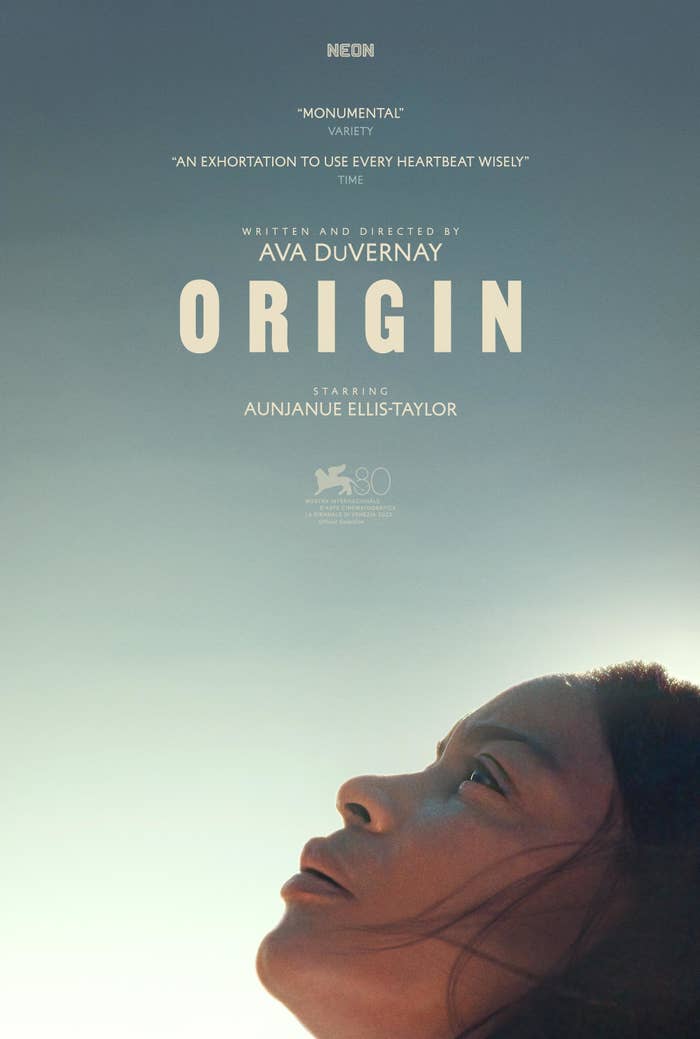 Movie poster for "Origin" starring Aunjanue Ellis with critical acclaim quotes and award logos