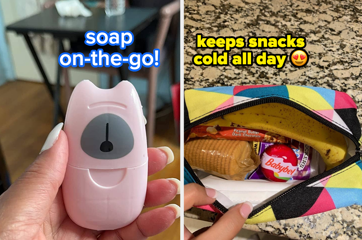 Hand holding a pink kitchen timer; open lunch bag with snacks like Babybel cheese