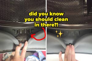 reviewer showing black gunk inside washing machine gasket and then showing it clean "did you know you should clean in there"