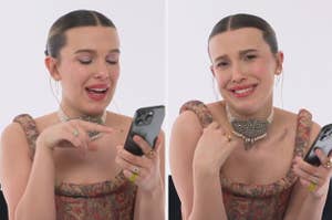 Two split images of a woman gesturing towards her phone while smiling and speaking, wearing a printed dress and detailed necklace