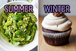 On the left, a bowl of pesto pasta labeled summer, and on the right, a chocolate and peanut butter cupcake labeled winter