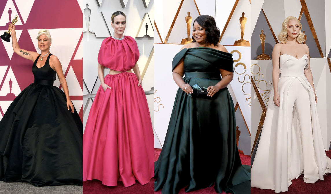 Four women in evening attire pose separately at the Oscars; two in gowns with full skirts, one in a jumpsuit, and one in a draped dress