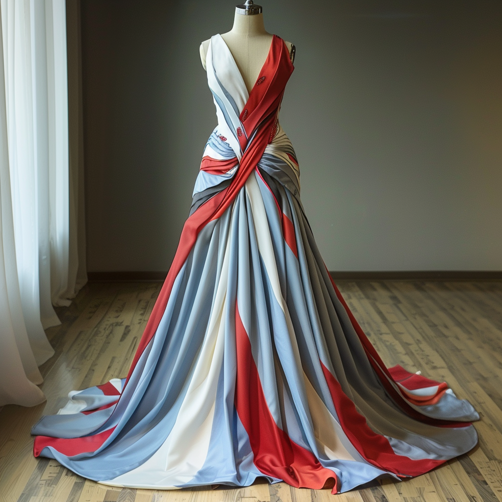 floor-length dress featuring a draped, multicolored design with a full skirt