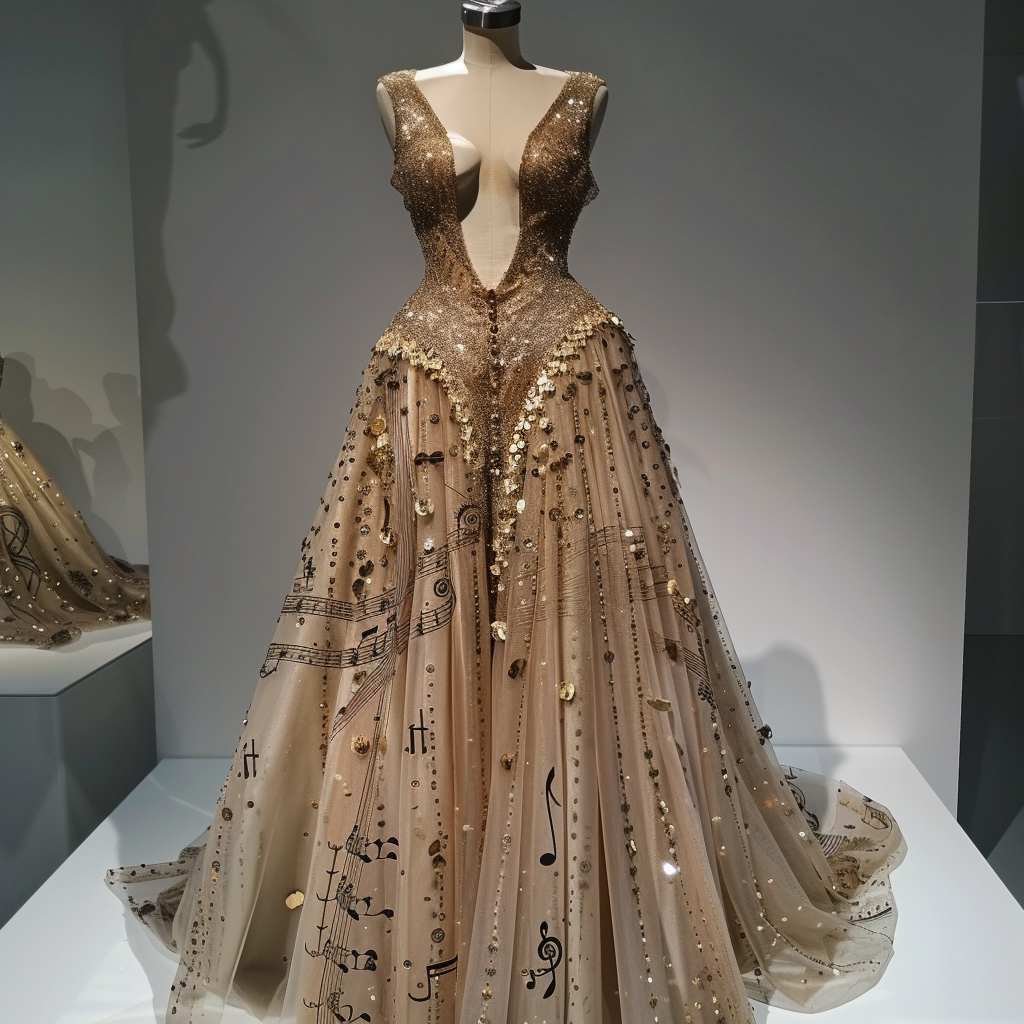 floor length gown with intricate gold beading and musical notes, a plunging neck line and sleeveless
