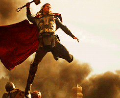 Thor flying from the sky with his hammer