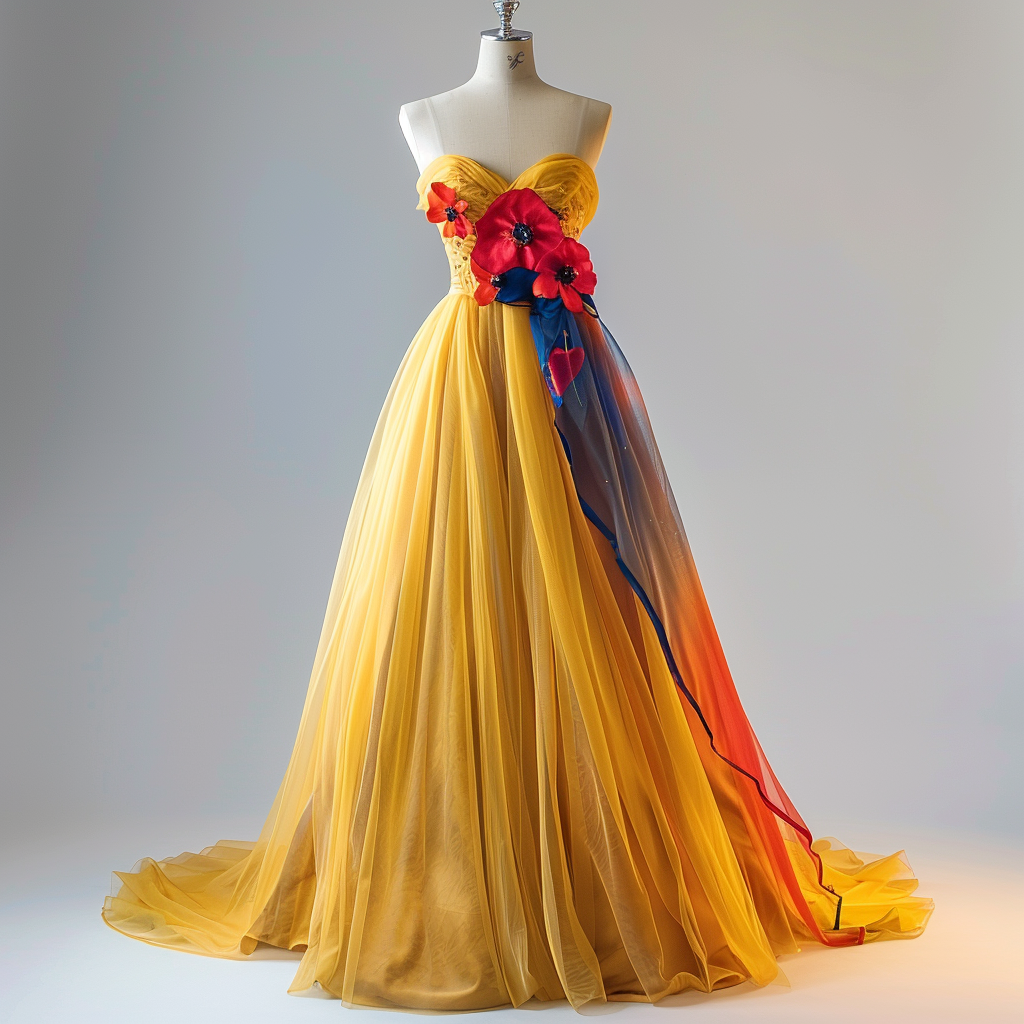 floor length strapless gown with floral adornment and a gradient flowing skirt on a mannequin