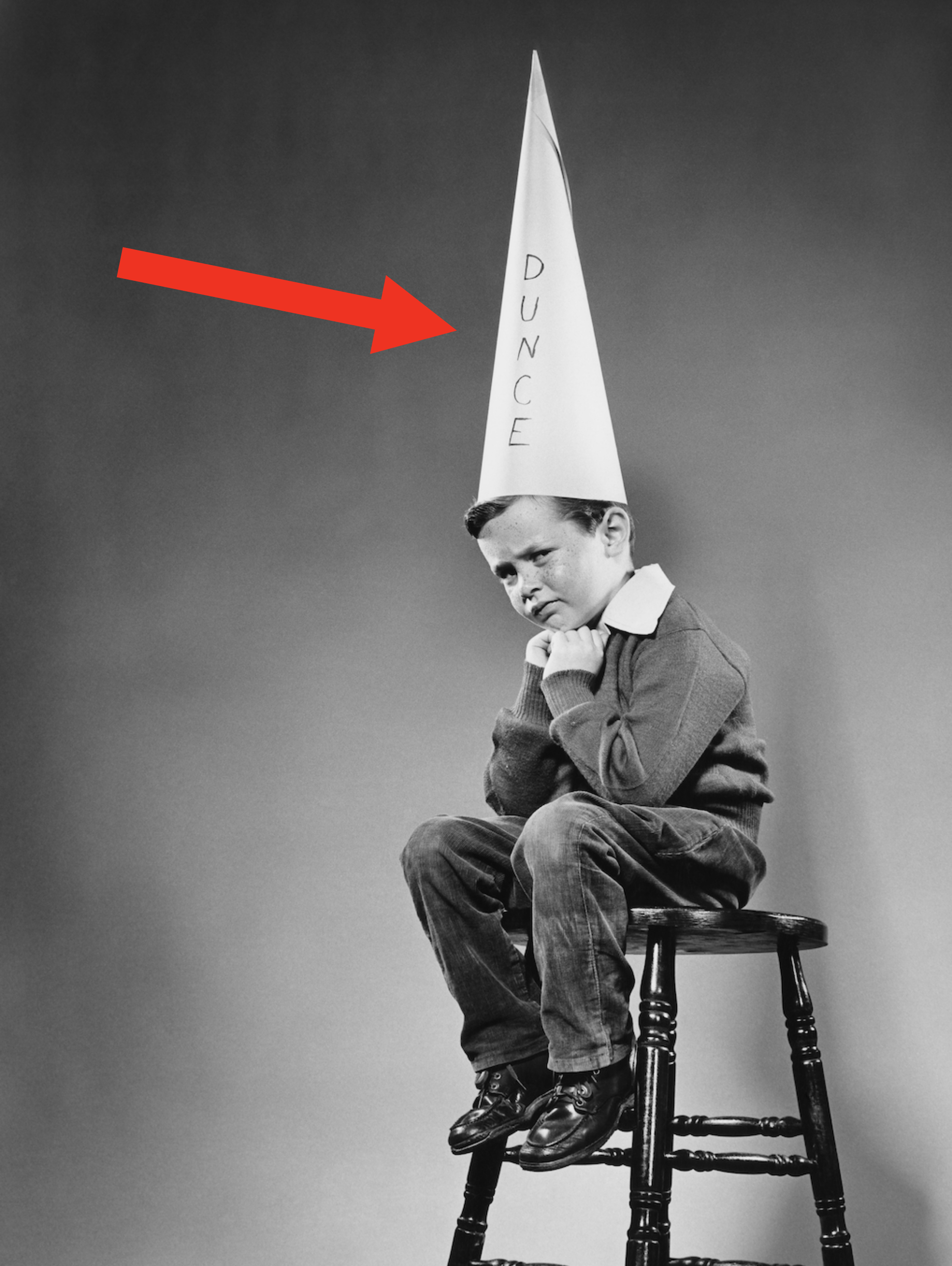 Young boy sitting on a stool wearing a dunce cap
