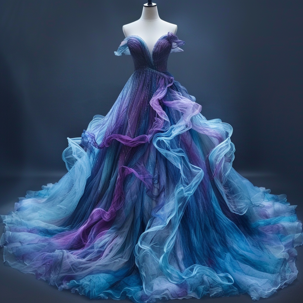 layered blue and purple ruffles on a floor length, full skirt dress with a strapless ruffled top