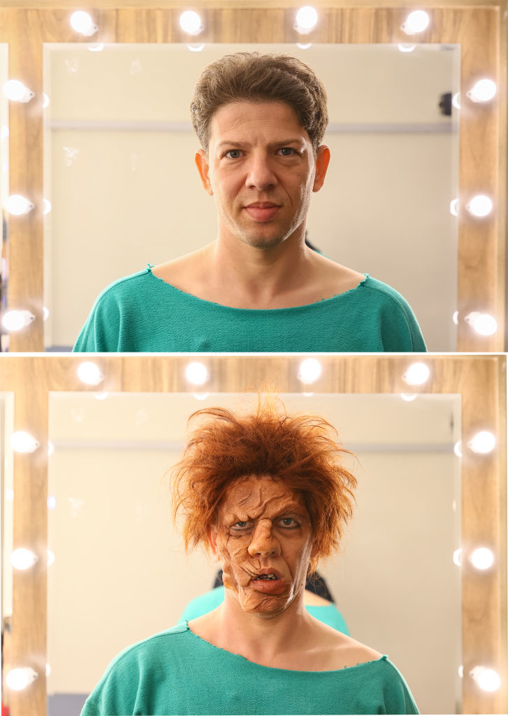 Person in makeup chair before and after prosthetic transformation for a character