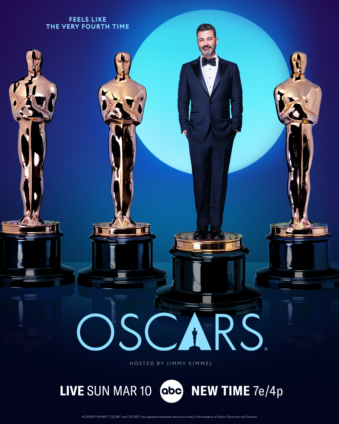 Jimmy Kimmel stands among Oscar statues for an Oscars event poster with event details