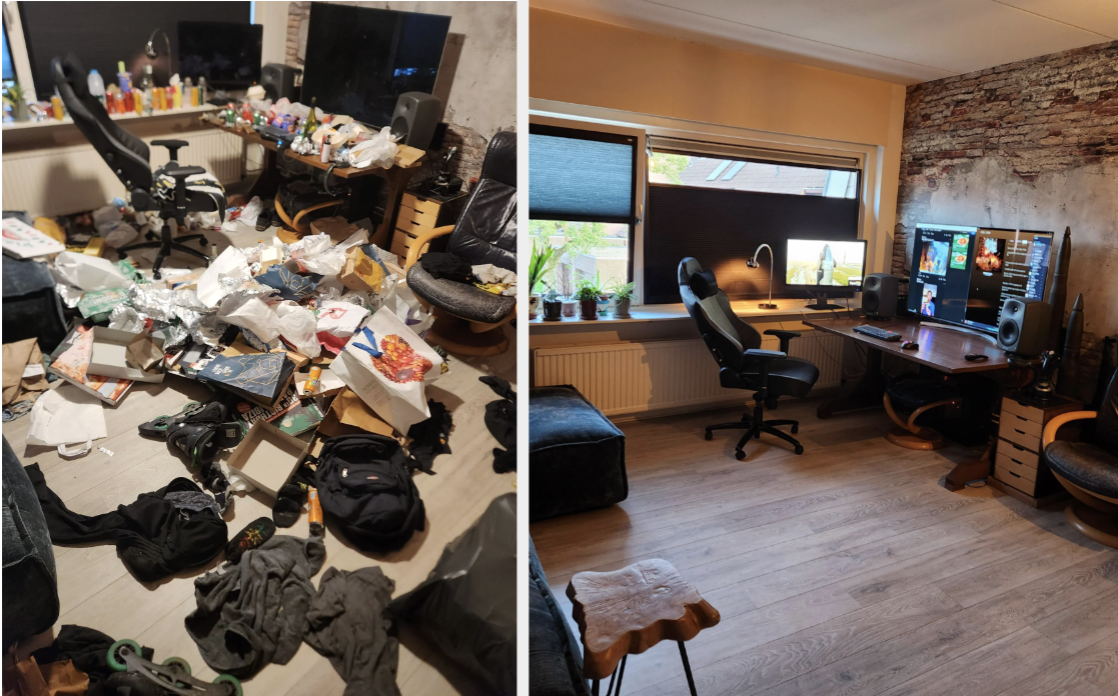Before and after photos of a room; the first cluttered with trash, the second tidy with a desk setup