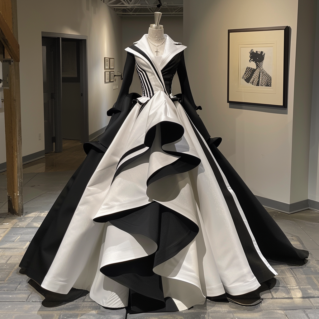 A black and white gown with a voluminous skirt