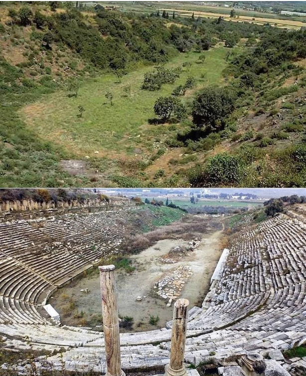 Top: Overgrown field with trees. Bottom: Ancient amphitheater ruins with columns