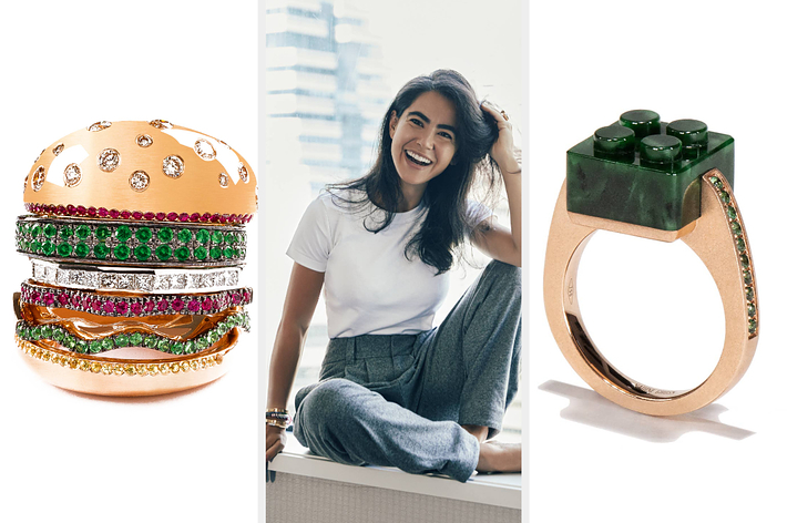 Three items displayed: a burger-style stack of jeweled rings, a smiling woman seated casually, and a Lego brick ring