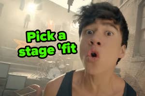 Calum with a shocked face and the words "pick a stage 'fit."