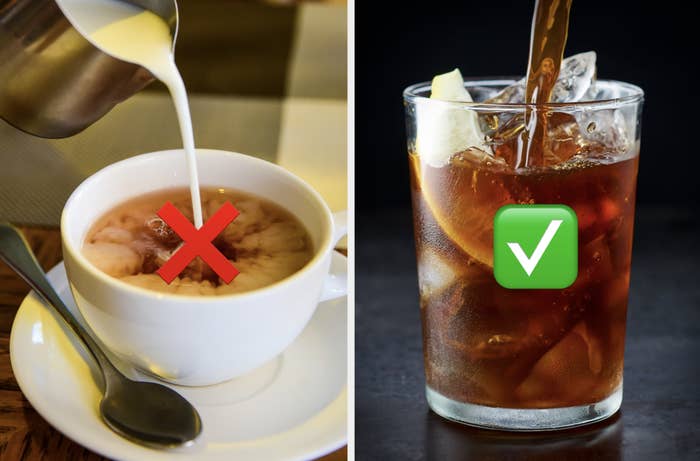 Split image with a red cross over milk being poured into tea, and a green check beside iced tea with lemon