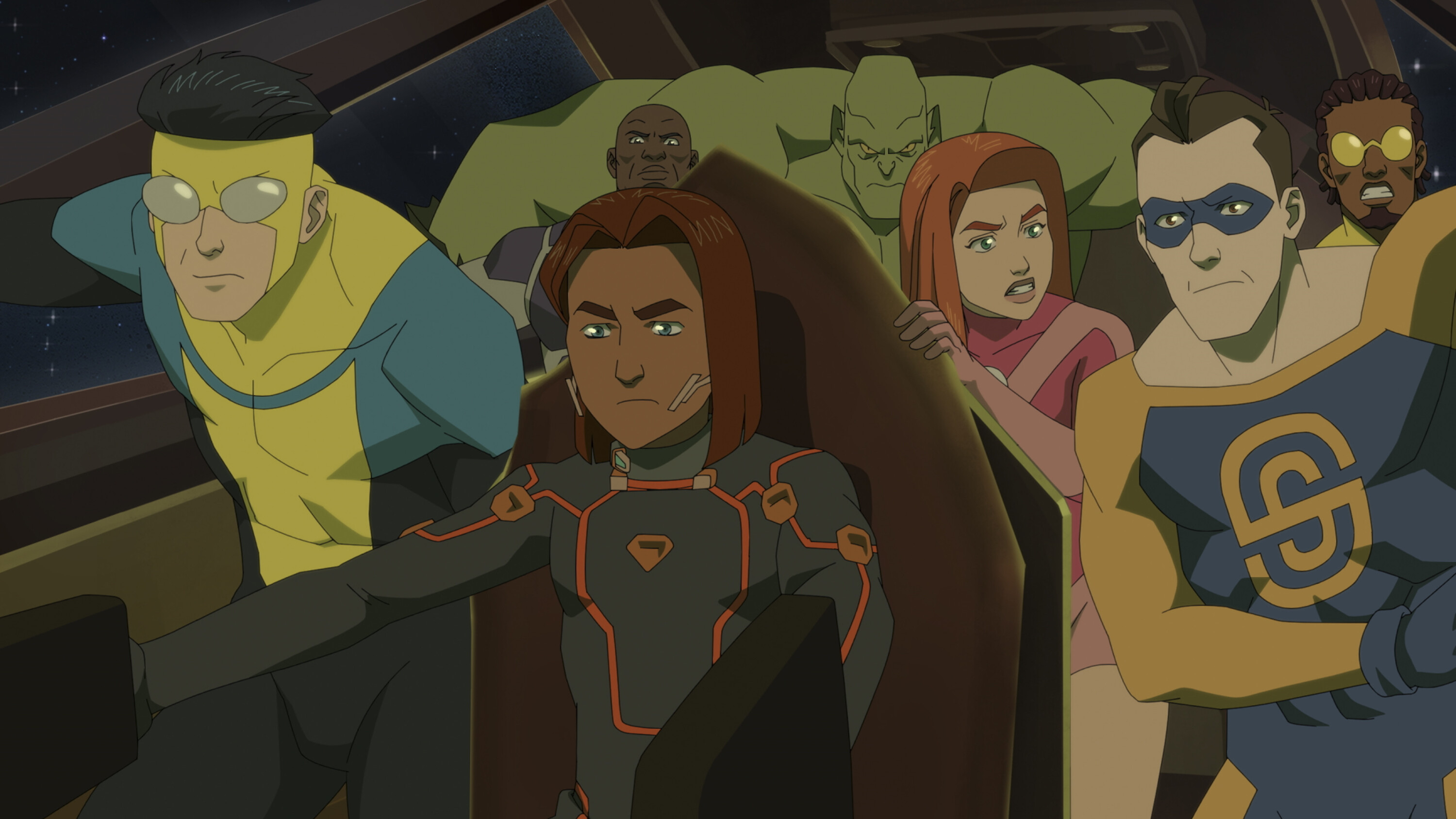 Animated characters from &#x27;Invincible&#x27; show, including protagonist Mark Grayson, in a spacecraft, looking determined