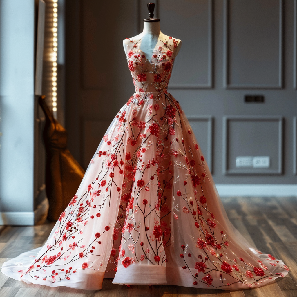 floor length floral-embroidered gown that&#x27;s sleeveless