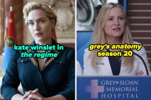 Two side-by-side stills: Left, Kate Winslet in 'The Regime'. Right, 'Grey's Anatomy Season 20' promo with lead actress