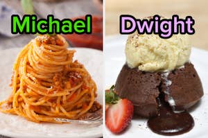 On the left, some spaghetti bolognese labeled Michael, and on the right, chocolate lava cake topped with vanilla ice cream labeled Dwight