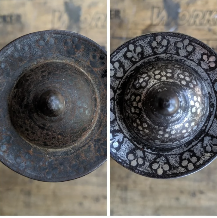 Side-by-side comparison of a metal object before and after restoration