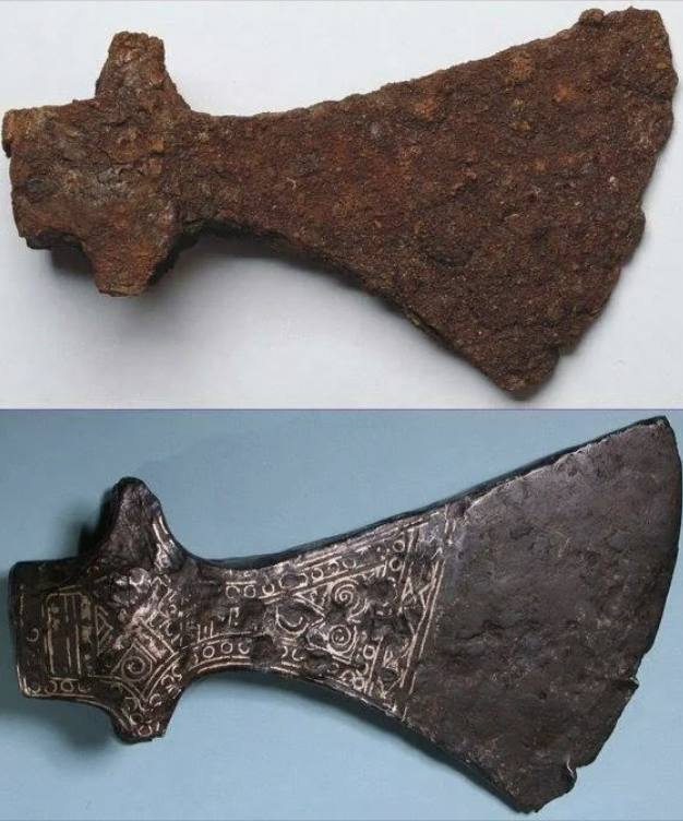 Two images of an axe; top shows a corroded state, bottom displays intricate designs after restoration