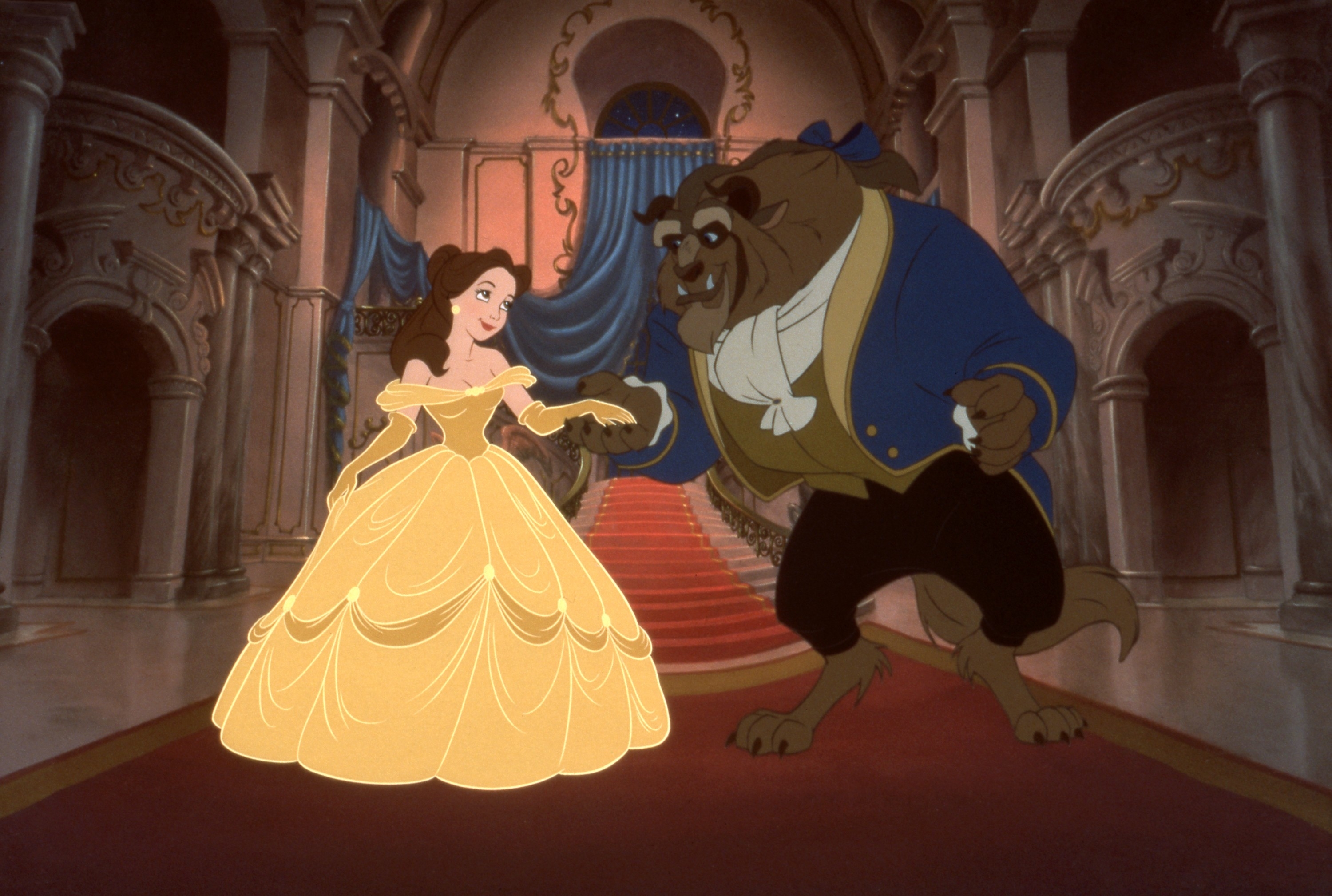 Animated characters Belle in a yellow gown and the Beast in a blue coat engaging in a dance in a grand ballroom