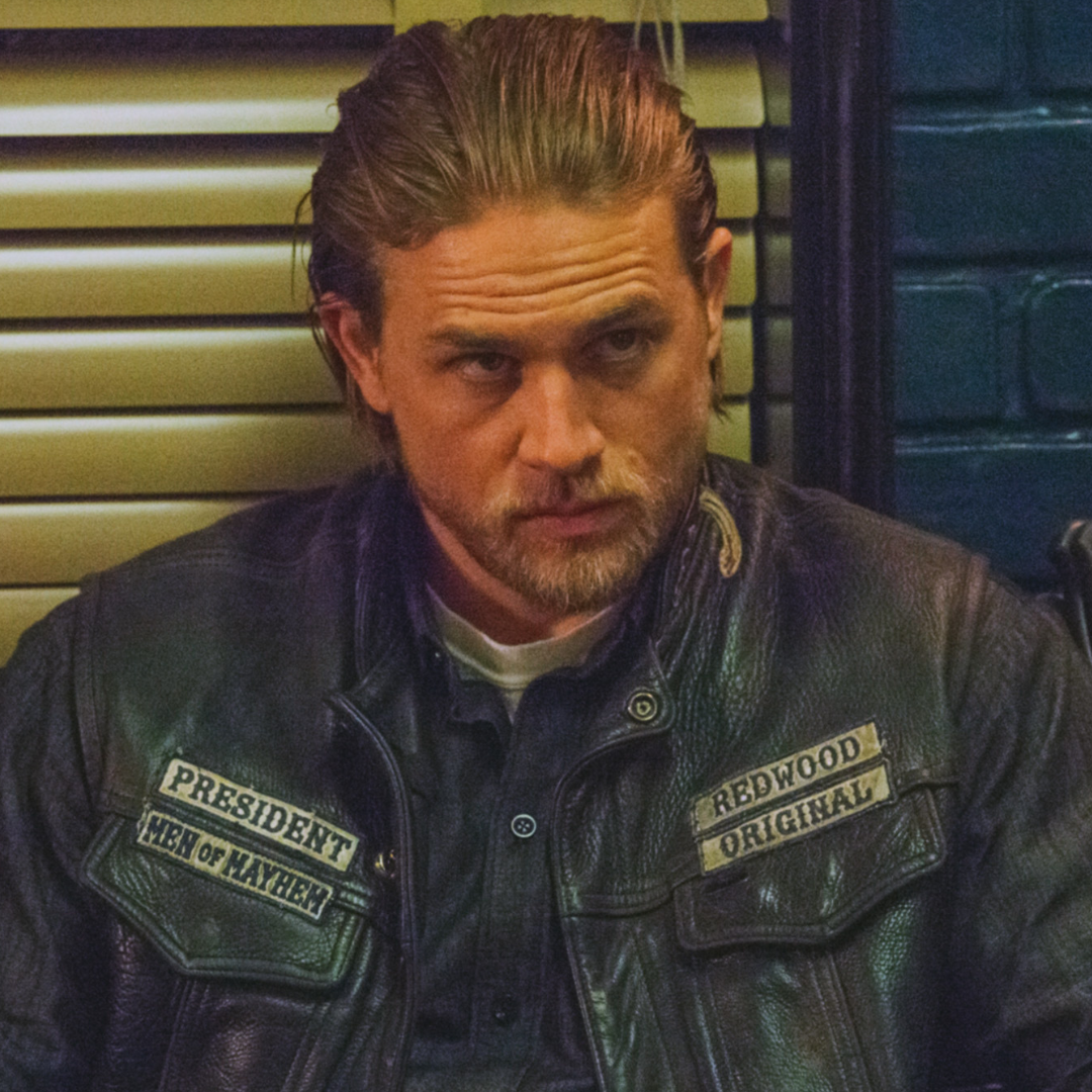Charlie Hunnam as Jax Teller in &quot;Sons of Anarchy,&quot; wearing a black leather vest with patches
