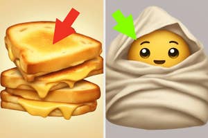 Stacked grilled cheese sandwich next to an emoji with elven ears and blonde hair