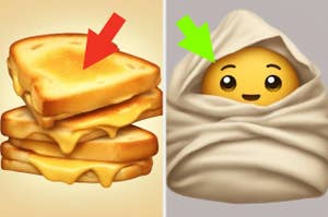 Stacked grilled cheese sandwich next to an emoji with elven ears and blonde hair