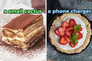 On the left, a slice of tiramisu labeled a small cactus, and on the right, a strawberry tart labeled a phone charger