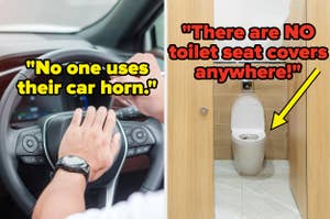 Split image: left shows a hand on a car horn, right a toilet with a sign about seat covers