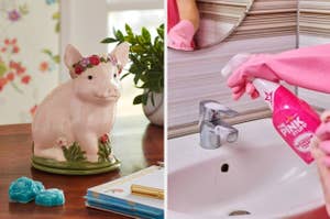 A decorative piggy bank next to notepad and split image with hand spraying cleaner on bathroom sink