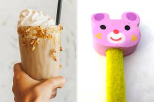 On the left, a hand holding a milkshake with whipped cream, and on the right, a pencil with a bear shaped eraser on the end
