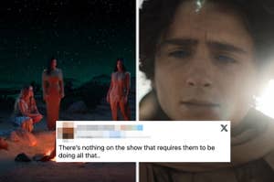 The Kardashian sisters stand around a campfire vs a closeup of Timothée Chalamet in Dune Part 2