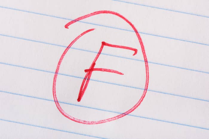 A handwritten letter 'F' grade on lined paper